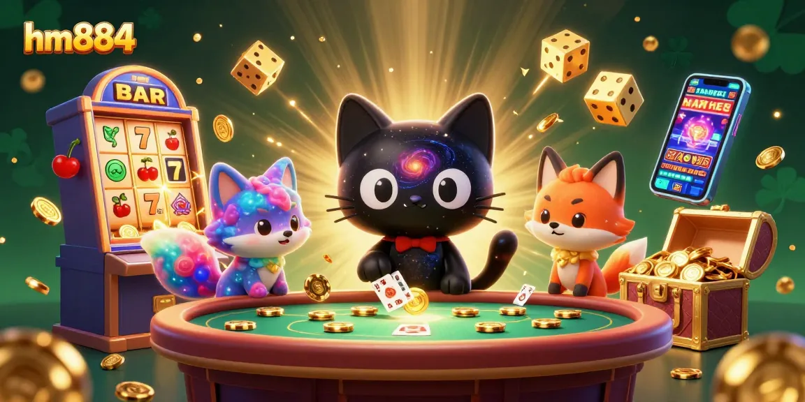 Experience excitement with hm884 at a cosmic casino table, featuring a black hole cat and vibrant elements.