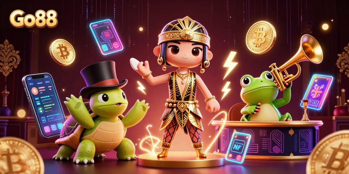 Engage with Go88's thrilling casino experience featuring a vibrant 3D scene of characters surrounded by energetic gambling elements.