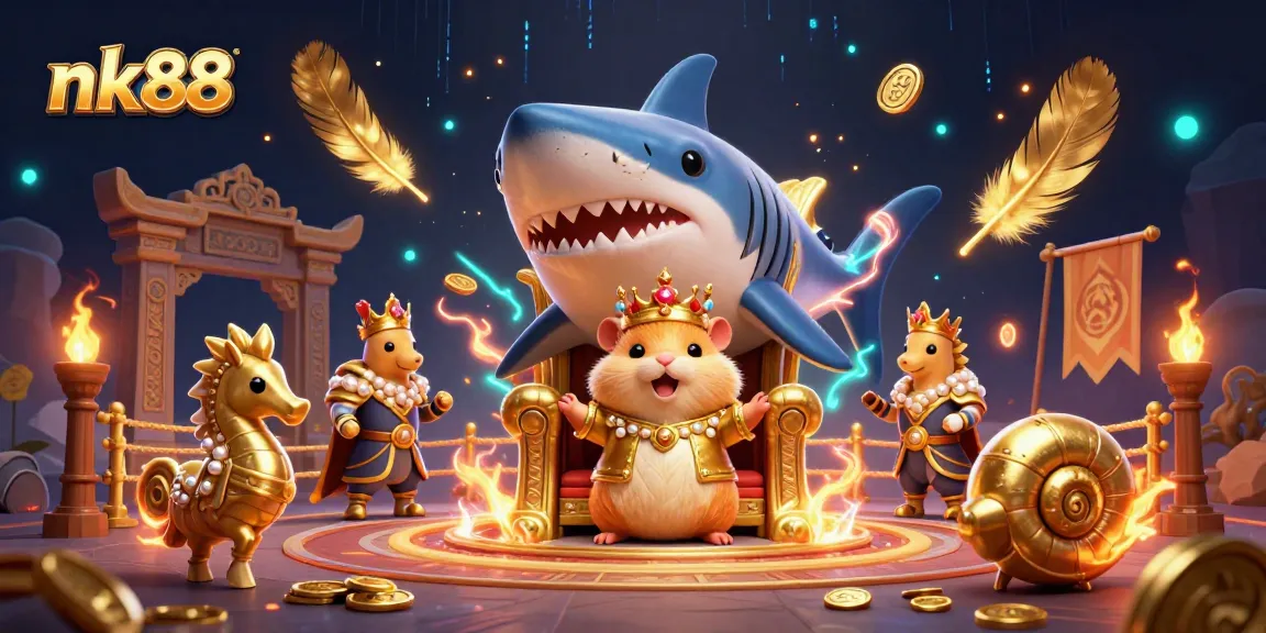 Experience the thrill of nk88 with a majestic golden hamster king and thrilling casino elements in a vibrant arena.