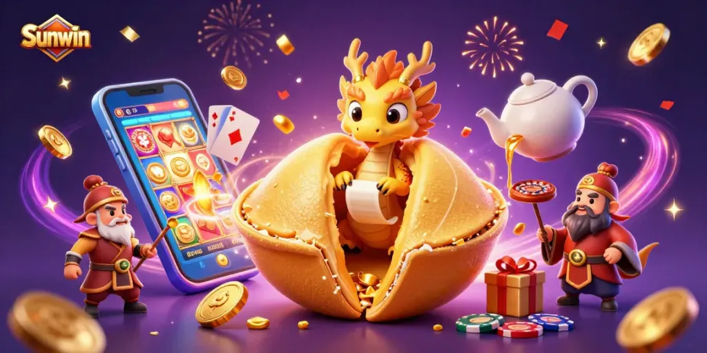 Play thrilling slots at Sunwin with vibrant 3D illustrations of fortune cookies, dragons, and casino elements.