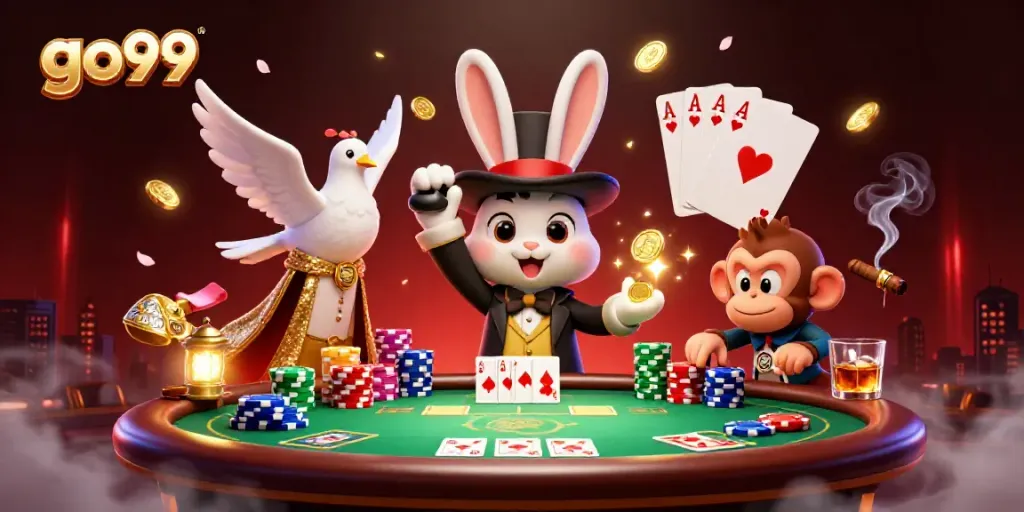 Engaging go99 casino scene with a magician rabbit and poker chips in vibrant 3D detail.