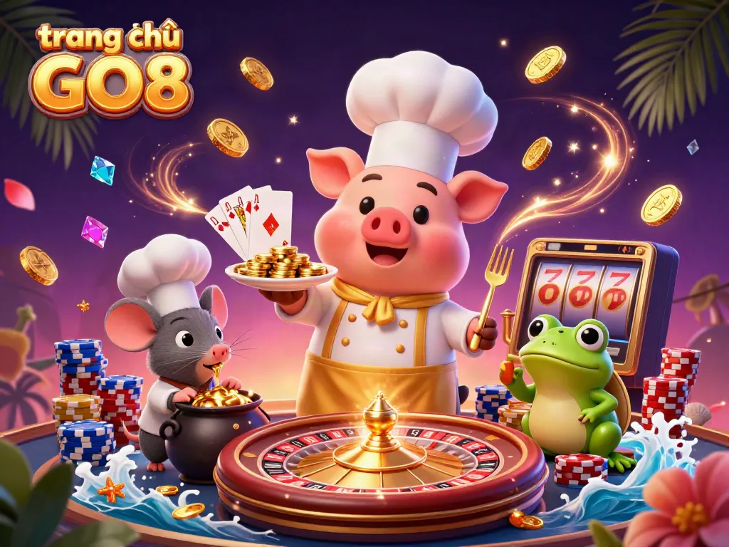 Experience fun at trang chủ GO8 with the chef pig serving gold coins in a vibrant casino scene.
