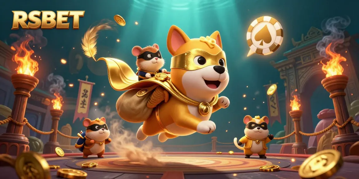 Experience thrilling gaming with RSBET as the heroic dog and hamster soar amidst poker chips and golden tokens.
