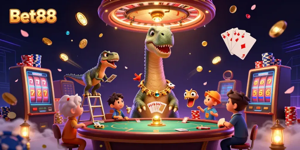 Engage with Bet88, featuring a playful dinosaur and clever raptor dealing cards in a vibrant casino scene.