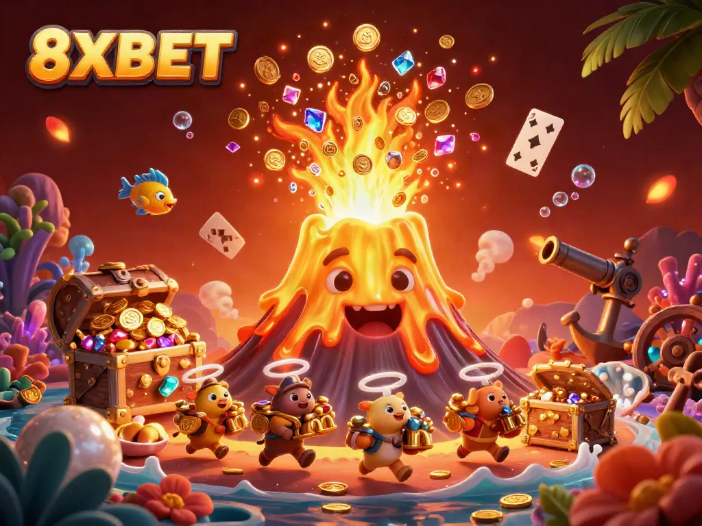Win big with 8XBET in a dynamic casino scene featuring a golden volcano and treasure.