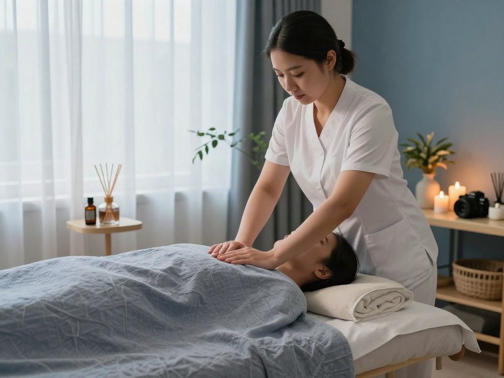 부평출장마사지 session in a serene massage studio with calming decor and therapy setup.