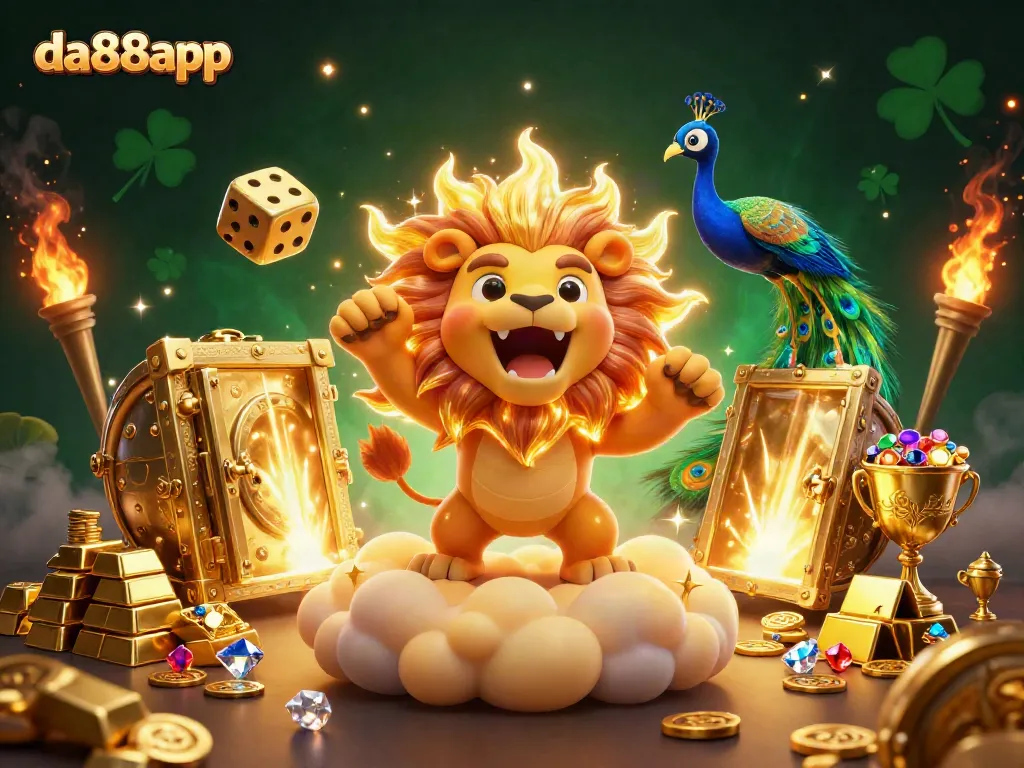 Experience excitement with da88app as gold treasures and fortune surround a roaring sun lion