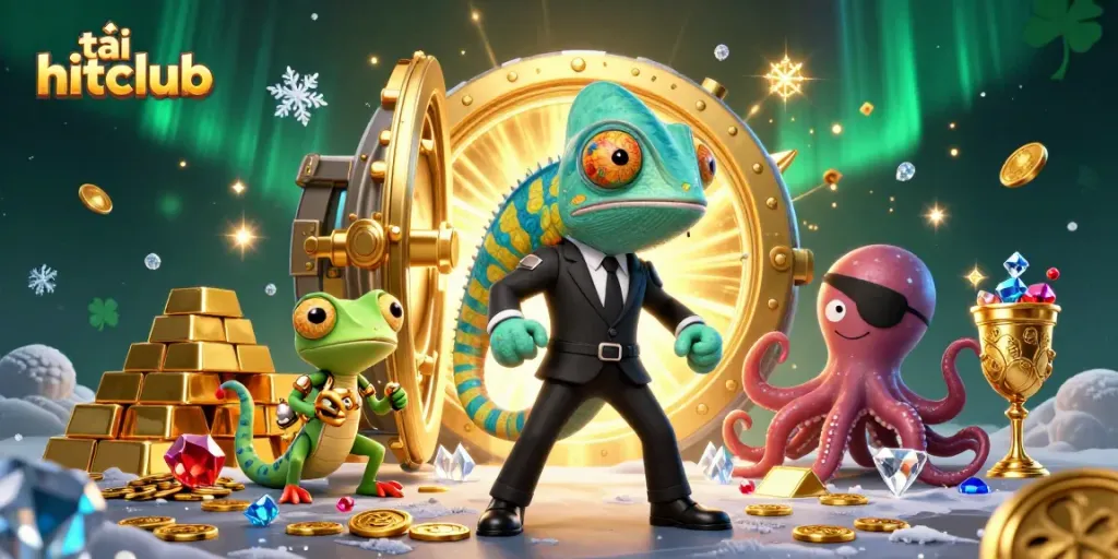 Engage with the thrilling experience of tải hitclub, showcasing vibrant characters and riches from a casino adventure.