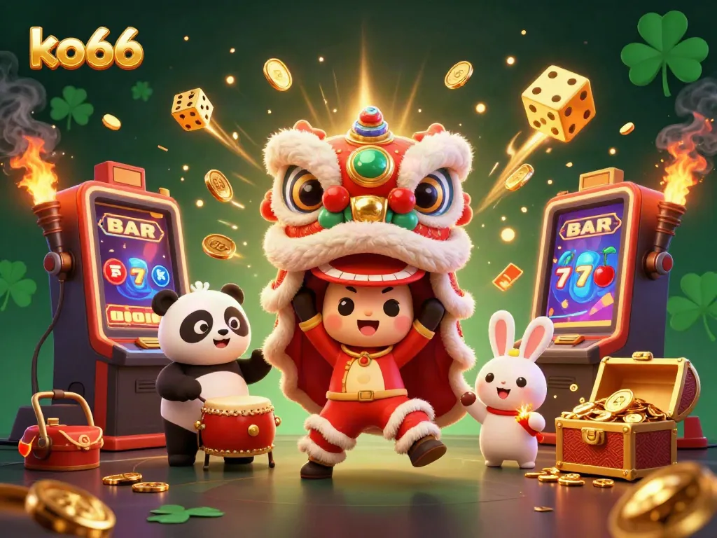 Experience the excitement of ko66 with a vibrant 3D lion dance illustration amidst casino elements.
