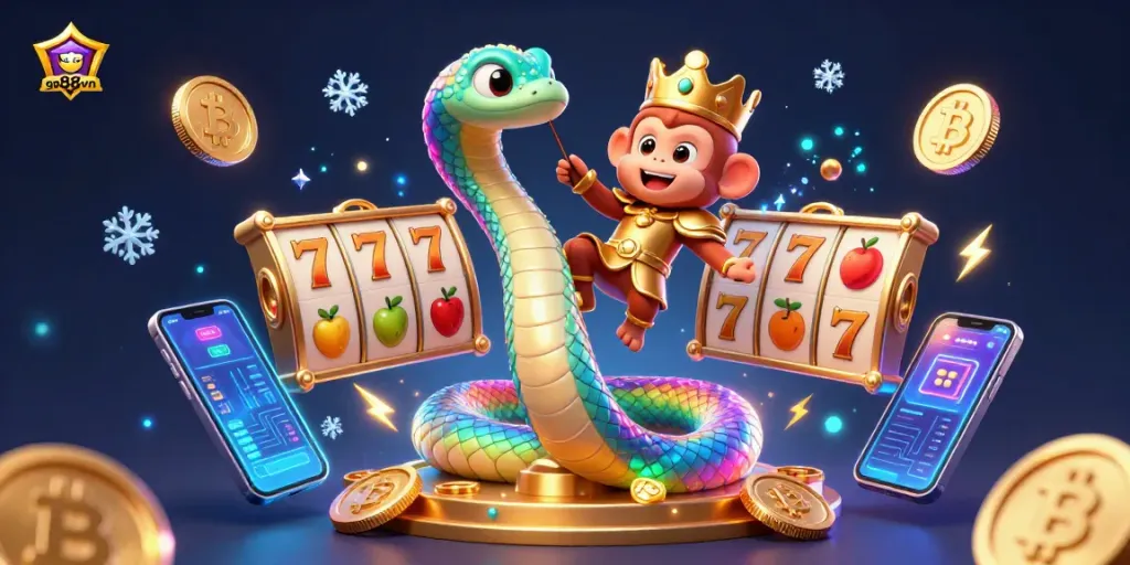 Spin to win with gg88vn in this vibrant casino illustration featuring a golden monkey king and rainbow serpent.
