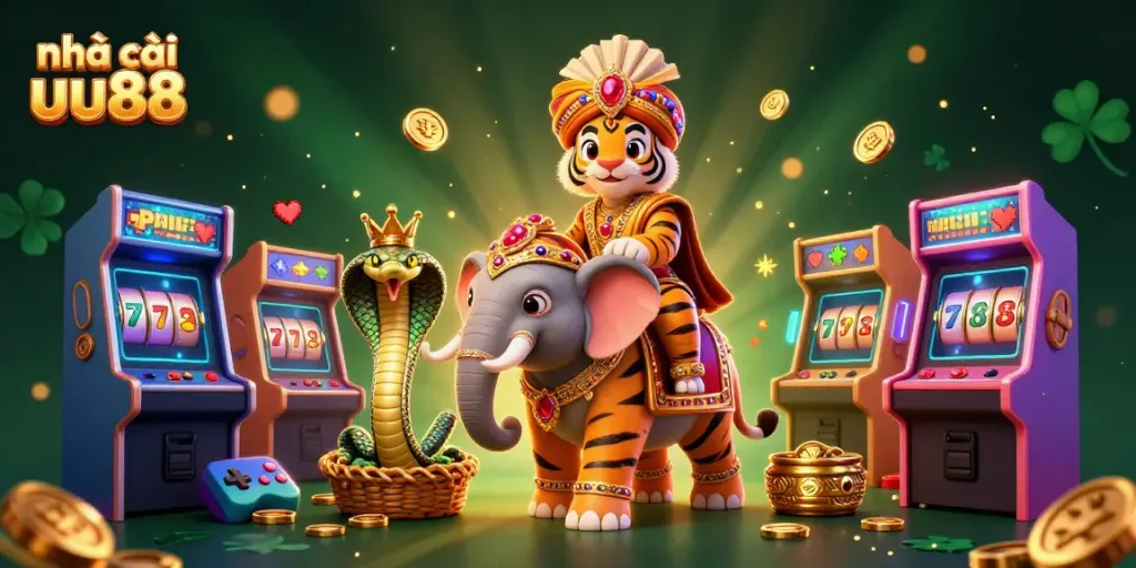 Experience the lively gaming atmosphere at nhà cái uu88 with a vibrant 3D illustration full of gaming elements.