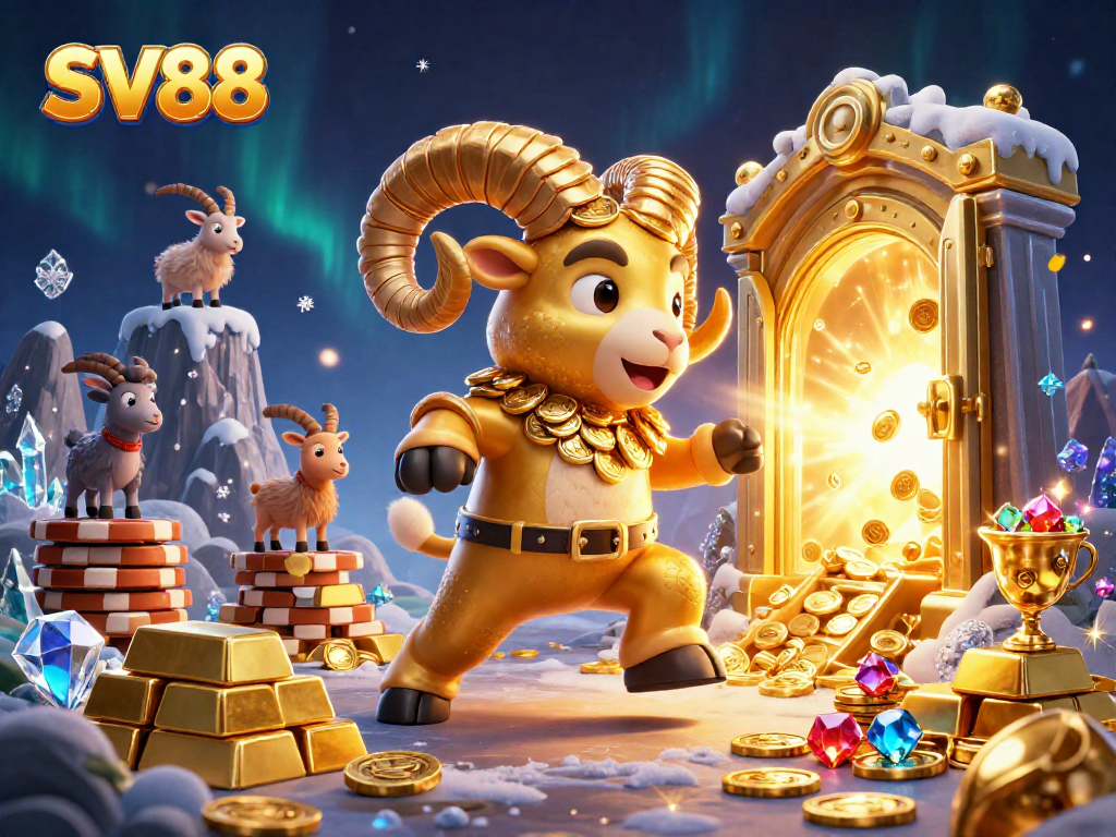 SV88 showcases a powerful golden ram charging into a golden gate amid treasures, symbolizing winning potential.
