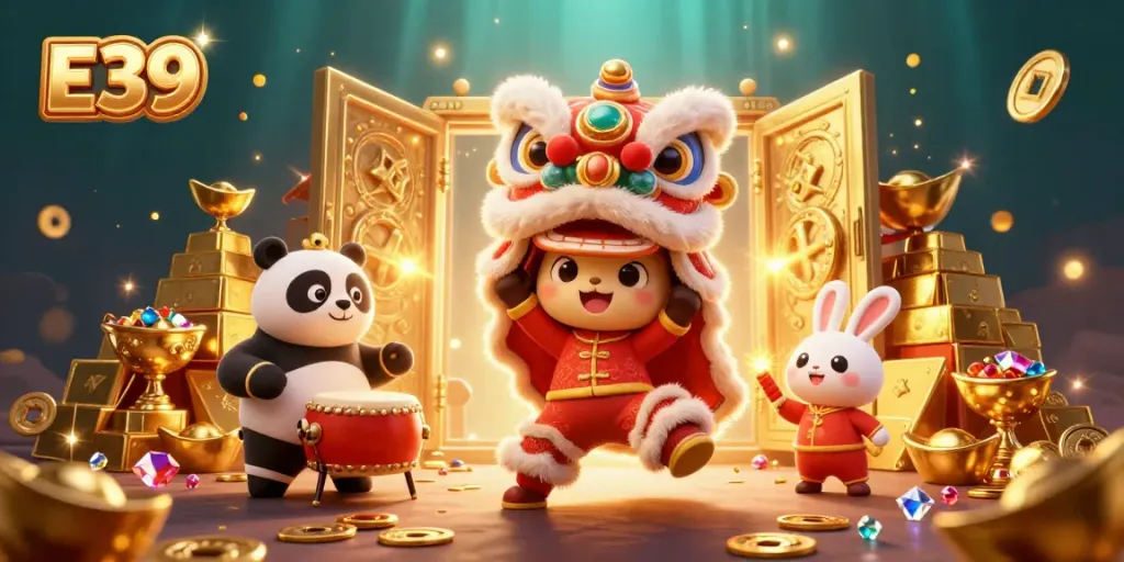 E39 players celebrate big wins in a vibrant casino setting with golden treasures and festive decorations.