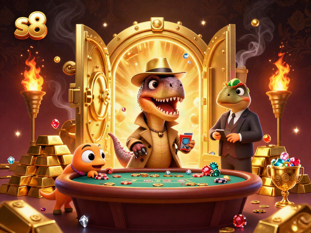 S8 velociraptor card counter at blackjack table surrounded by treasures and gemstones