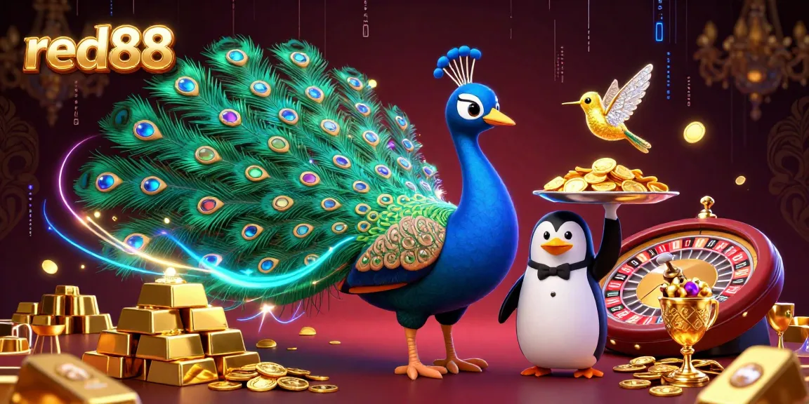 Bet big at red88 with colorful casino elements in a vibrant 3D illustration, featuring peacock and penguin.