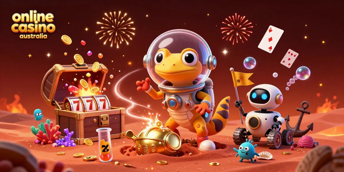 Explore the exciting online casino Australia atmosphere with animated characters and vibrant casino elements.