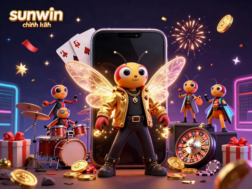 Celebrate big wins with the sunwin chính hãng illustrated scene featuring vibrant game elements and characters.