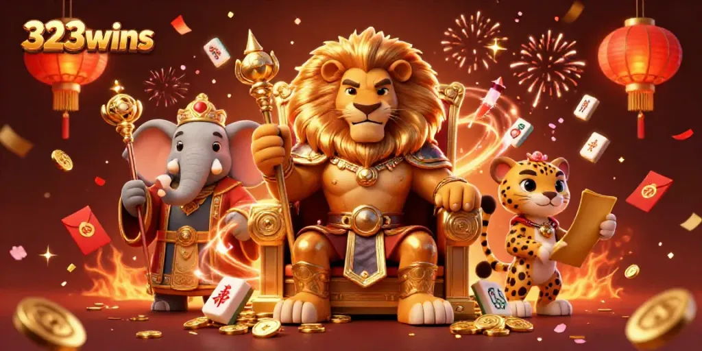 Experience the thrill of 323wins with a captivating illustration of the lion king on a throne, flanked by his advisors.