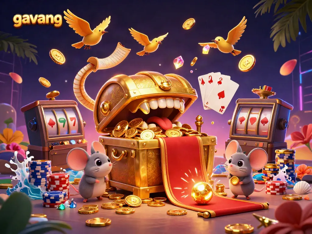 Experience the thrill of gavang gaming with vibrant treasures and exciting elements in this 3D illustration.