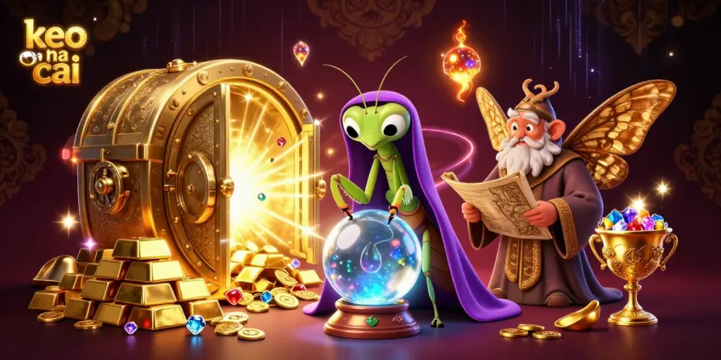 Explore the magic of keo nha cai with 3D cartoon characters unveiling treasures of chance and fortune.