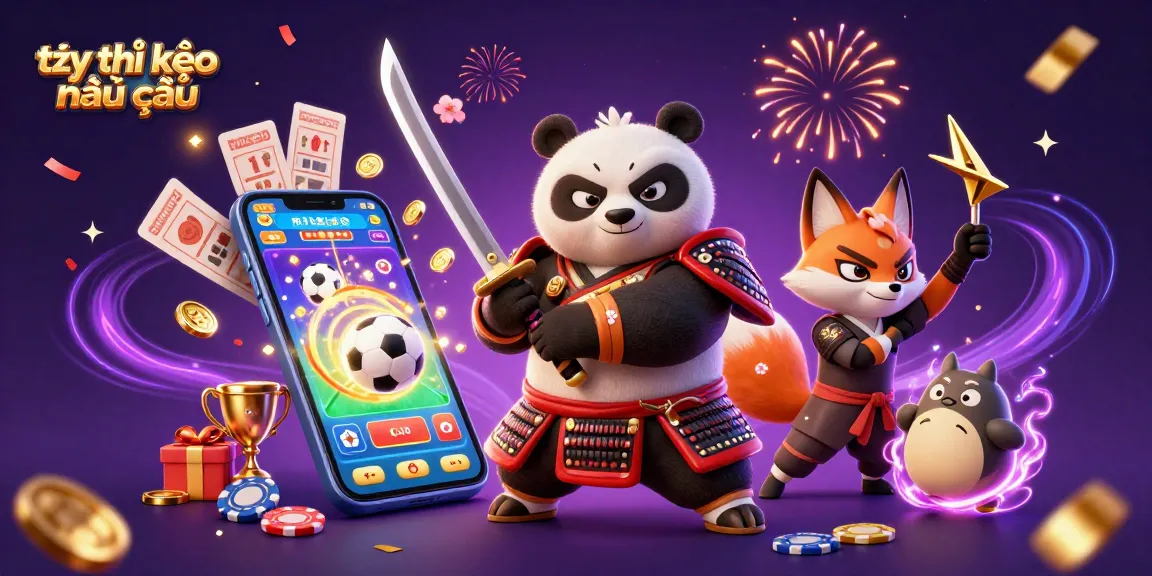 A dynamic scene featuring the samurai panda and ninja fox with a smartphone showcasing tỷ lệ kèo nhà cái betting options