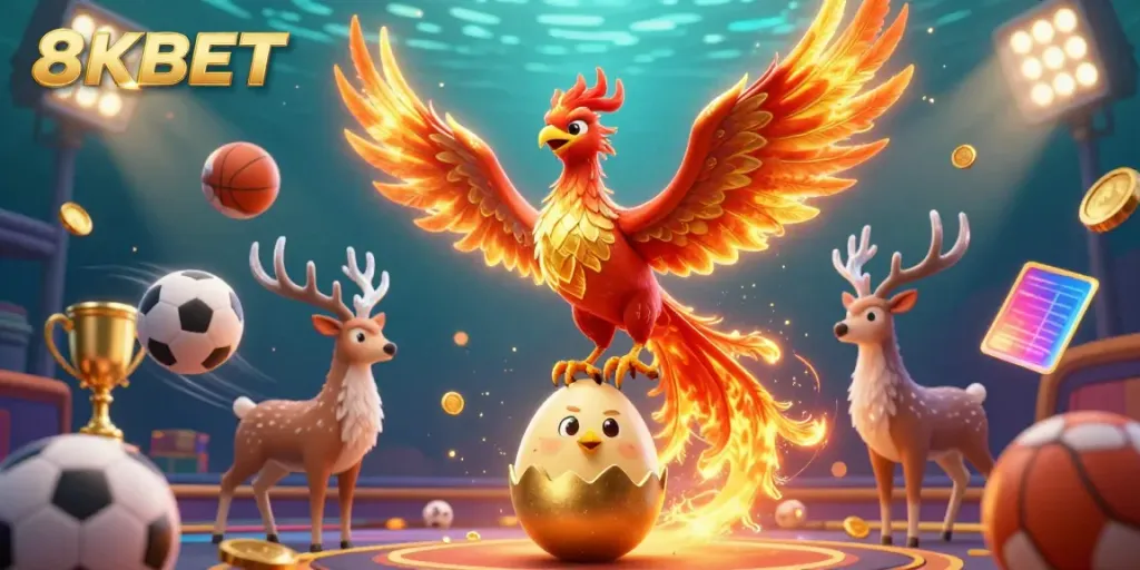 Experience thrilling moments at 8KBET with a phoenix, a chick hatching, and sports excitement.