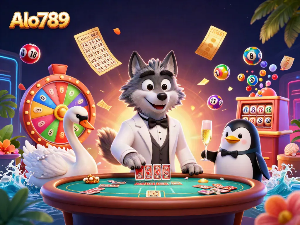 Alo789 invites players to enjoy a thrilling baccarat game with vibrant lottery elements in a lively casino setting.