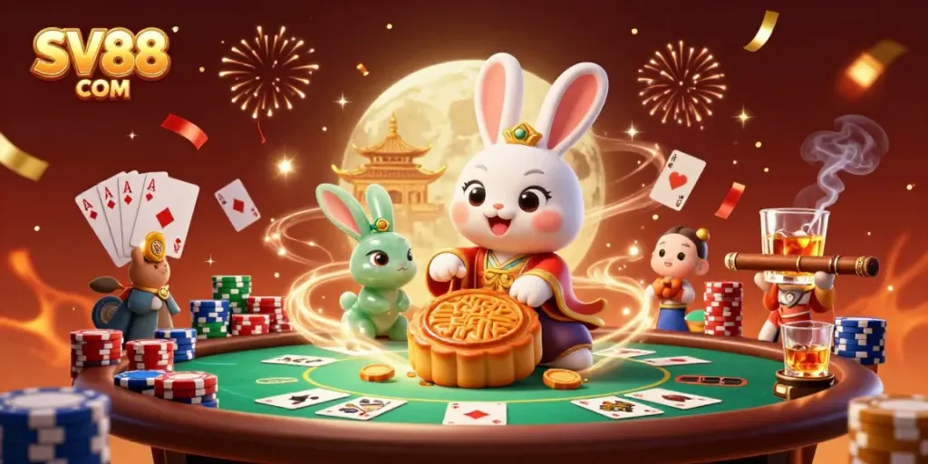 Experience thrilling excitement at SV88 COM with our vibrant 3D illustration showcasing moon rabbits and poker chips.