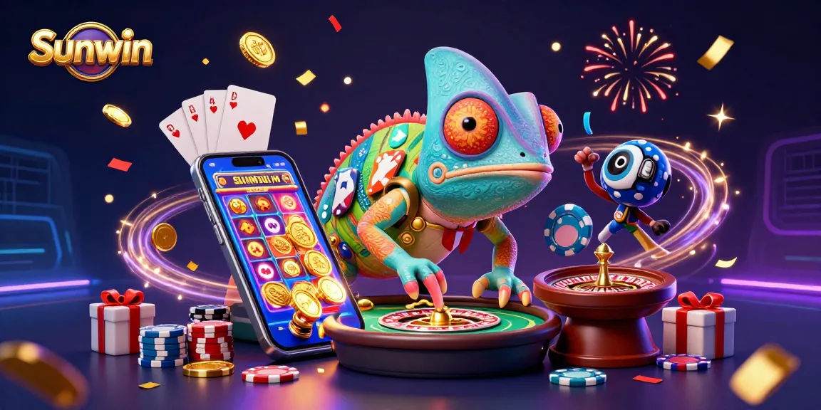 Experience thrilling wins at Sunwin, featuring an exciting casino illustration with a colorful chameleon and gaming elements.