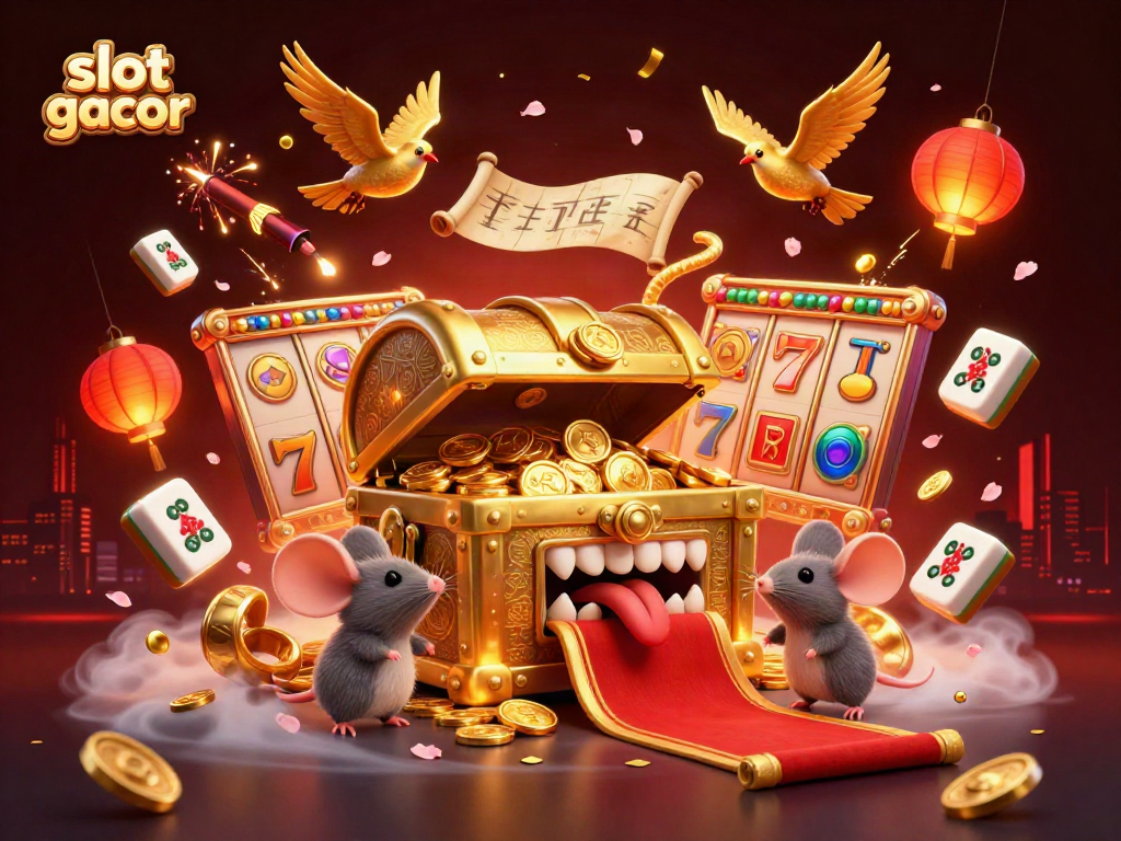 Spin to win big with slot gacor, featuring a treasure chest with mice and vibrant slot reels in a dynamic scene.