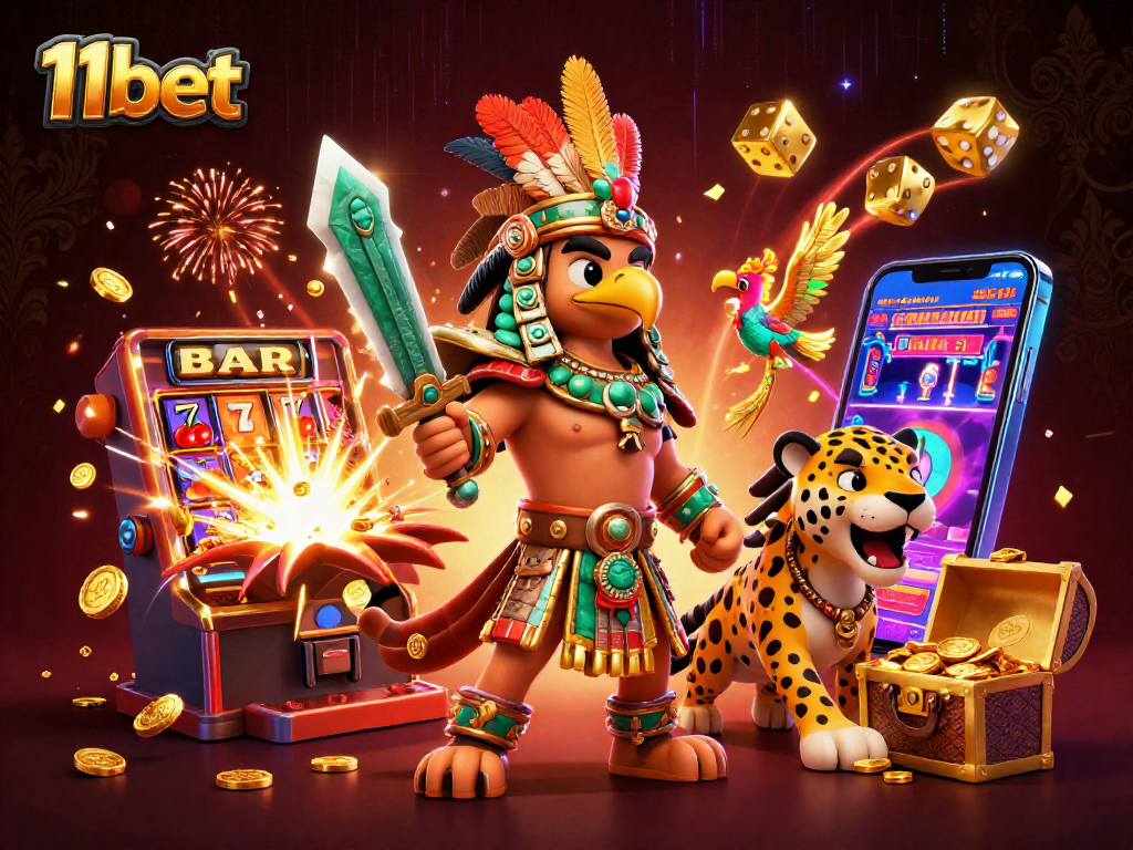 11bet casino scene featuring an Aztec warrior, jaguar, and vibrant slot machine explosion.