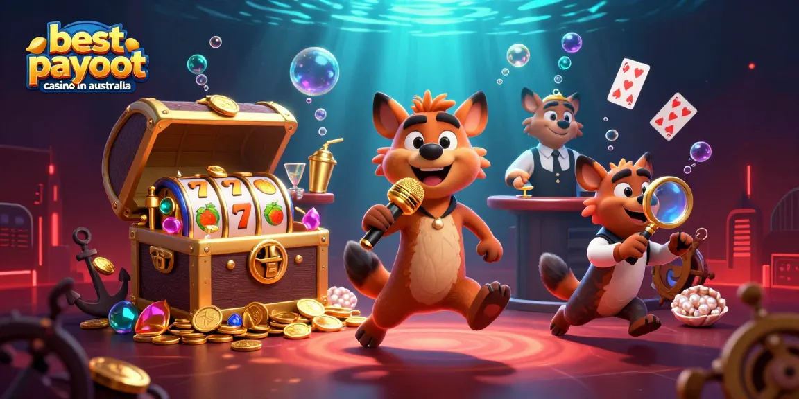 Illustration of the best payout casino in Australia featuring cartoon hyenas in a lively casino scene.