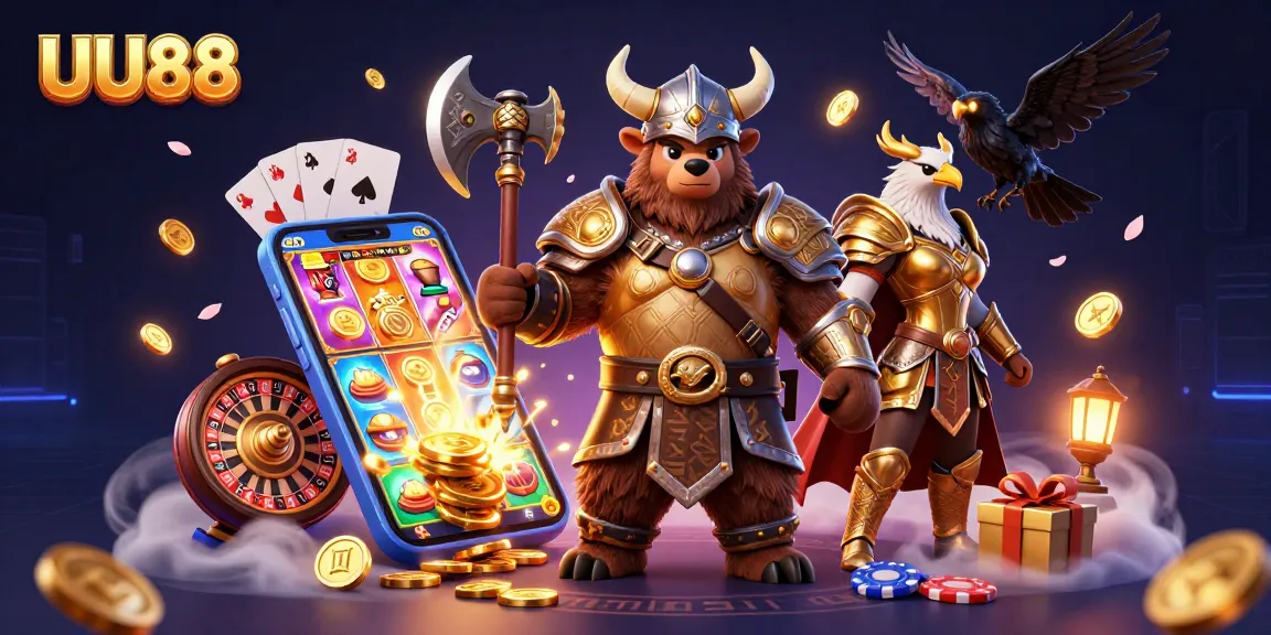 UU88 showcases an exciting 3D casino scene where a Viking bear and Valkyrie eagle engage with dynamic gambling elements.