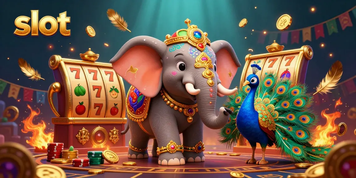 Permainan slot yang menampilkan gajah Diwali dan burung merak, dikelilingi simbol kasino yang cemerlang.