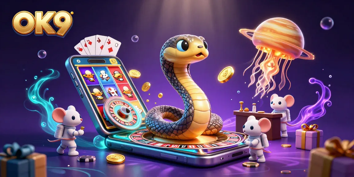 Experience exciting gameplay at OK9 with a 3D cartoon scene of cosmic betting and adventure.
