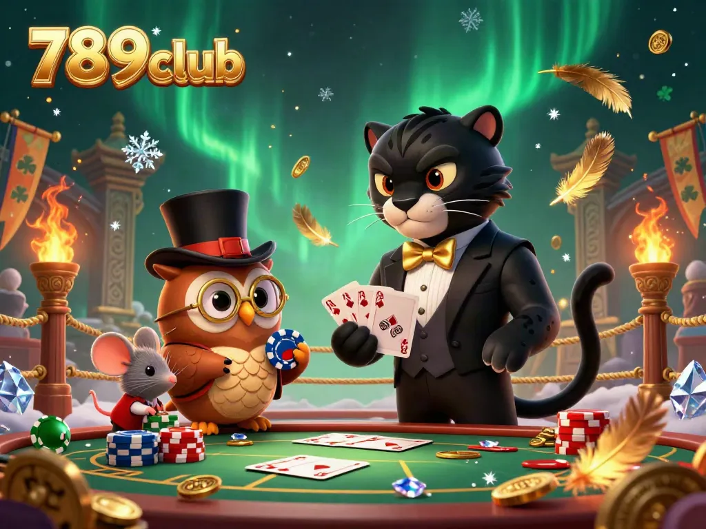 Experience the thrilling atmosphere of 789club with a classy panther dealing cards at an exciting casino.