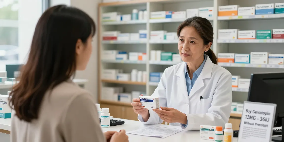 Genotropin kopen consultation at pharmacy, pharmacist discussing growth hormones with customer.