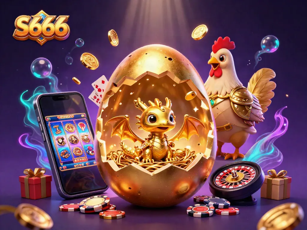 S666 online casino illustration featuring a golden dragon nestled in poker chips surrounded by gaming elements.