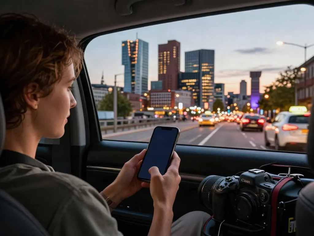 Taxi Rotterdam: moderne taxi met reiziger en skyline van Rotterdam