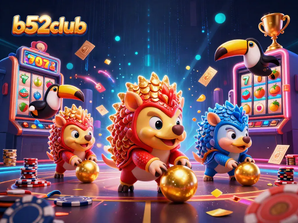 Experience b52club with vibrant 3D pangolins competing in a lively casino atmosphere, showcasing slot elements.