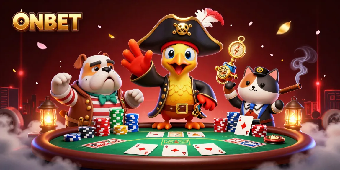 ONBET showcases a lively poker scene with a pirate captain and friends amidst colorful chips and juicy gameplay.