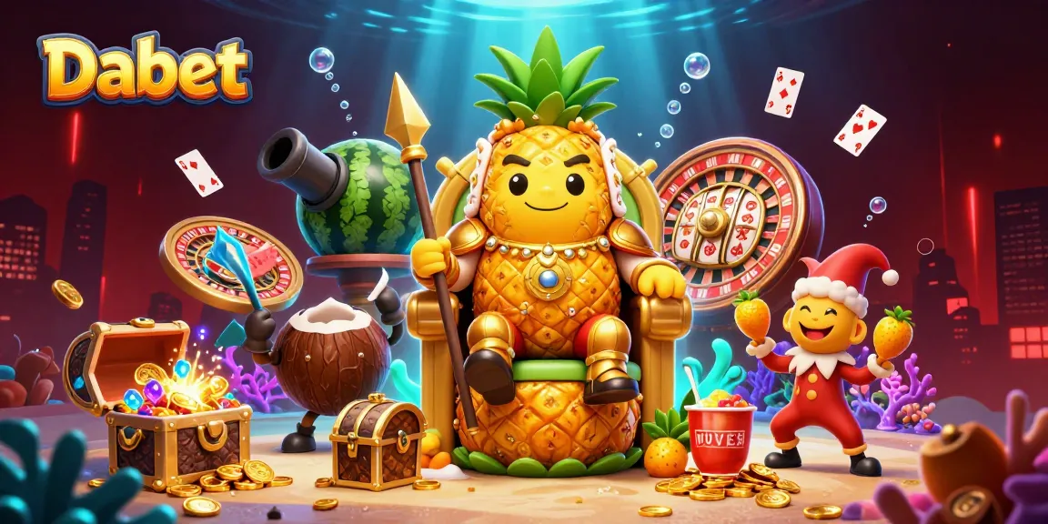 Dabet brings excitement with a golden pineapple king surrounded by a vibrant casino scene full of games and treasures.
