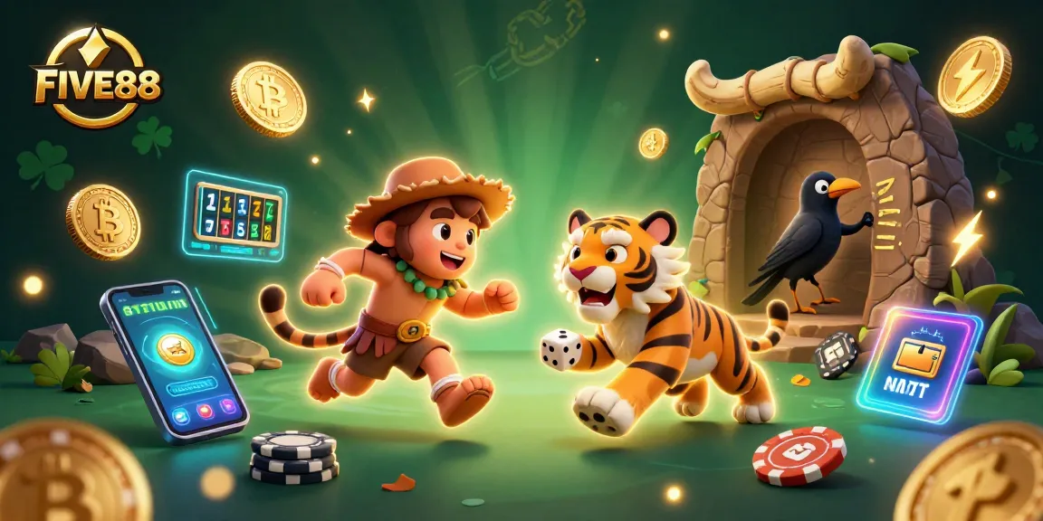 FIVE88 casino scene featuring caveman duo playing with poker chips and slot elements.
