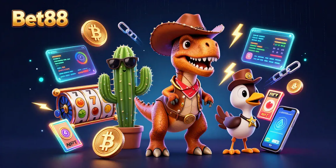 Play at Bet88 with fun characters and dynamic gambling elements in a vibrant 3D scene.