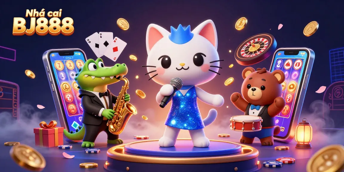 Engage with the vibrant world of Nhà cái BJ888 featuring a colorful casino scene with animated characters and game elements.
