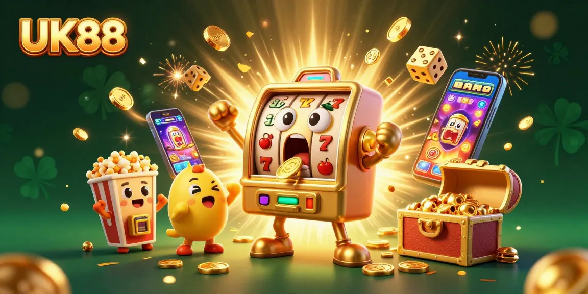 UK88 offers thrilling jackpots with cartoon slot machines celebrating big wins in a dynamic casino scene.