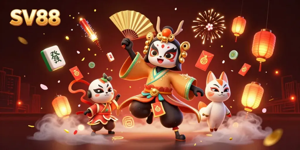 SV88 features a vibrant casino scene with kabuki characters and rich gambling symbols.