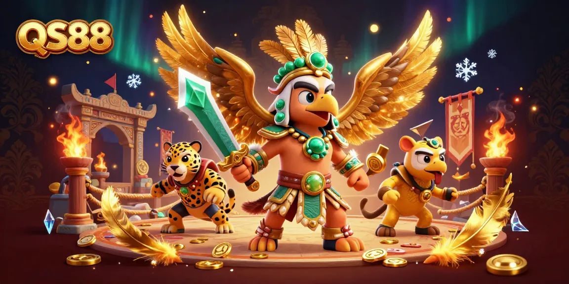 Experience the excitement of QS88 with dynamic warriors and casino elements in a vibrant 3D scene.