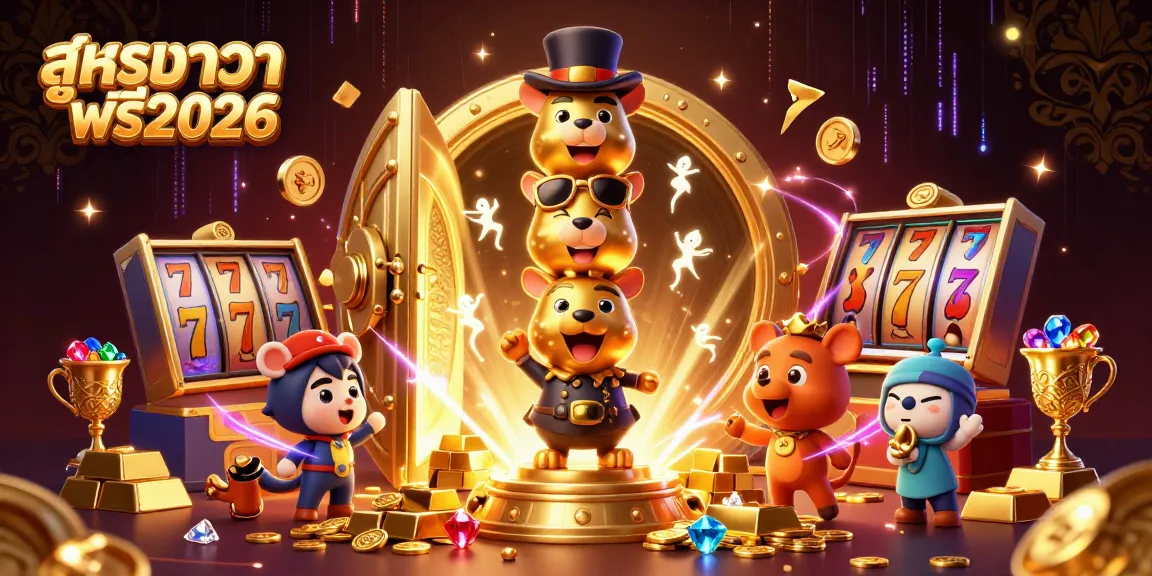 Engage with สูตรบาคาร่าฟรี2026 in this vibrant casino scene featuring gold treasures and lively 3D cartoon characters.
