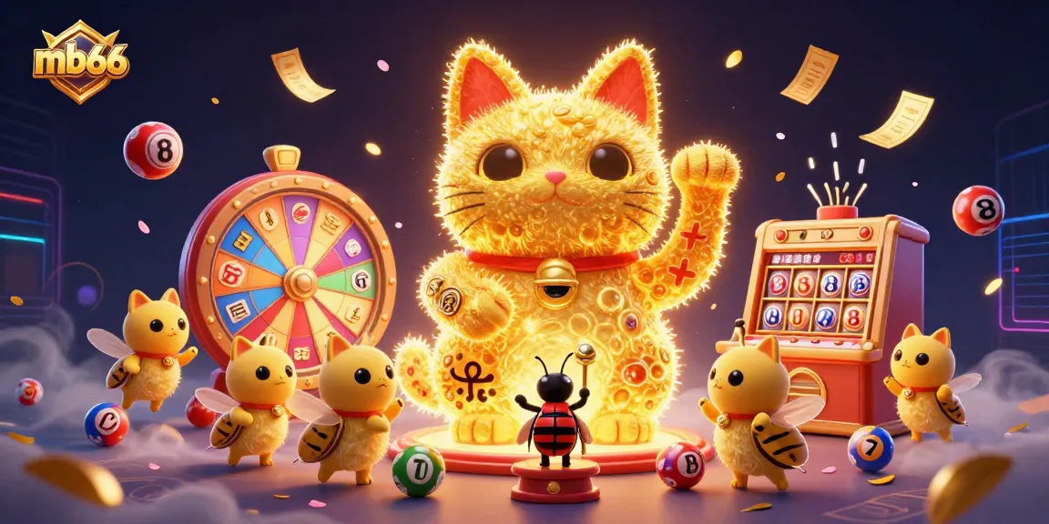 Experience energetic fun at mb66 with a vibrant lucky cat and casino symbols in this 3D illustration.